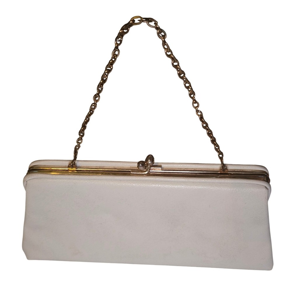 Vintage 50s60s Ivory Evening Clutch Gold Frame Chain Strap Purse handbag wedding